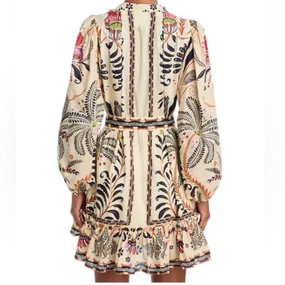 FARM RIO Nature Mini Dress Romantic Bead Belt Maximalist Puff Beige Size Medium - Picture 7 of 16